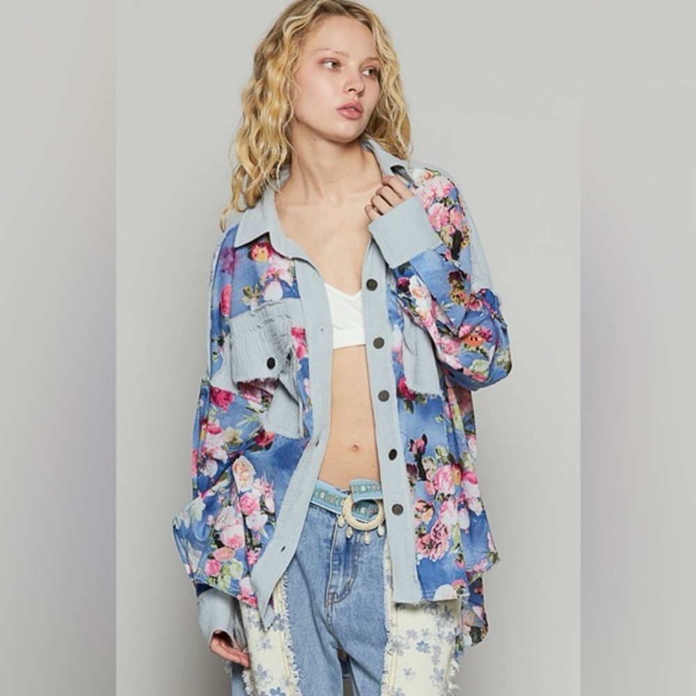 POL Blue Washed Floral Cotton Oversized Shirt - Size S - Brand New**